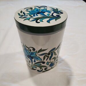 Mid Century Metal Tin Container Lid Blue Green Floral Flowers Storage Decor 6"